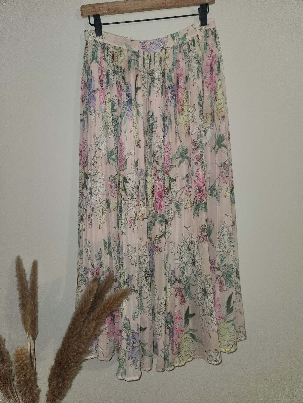H&M Pink Floral Chiffon Midi Skirt
